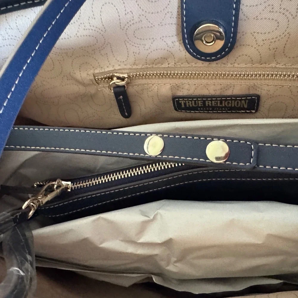True Religion 2 in 1 handbag Tote Crossbody Three Tone Denim Patchwork NWT